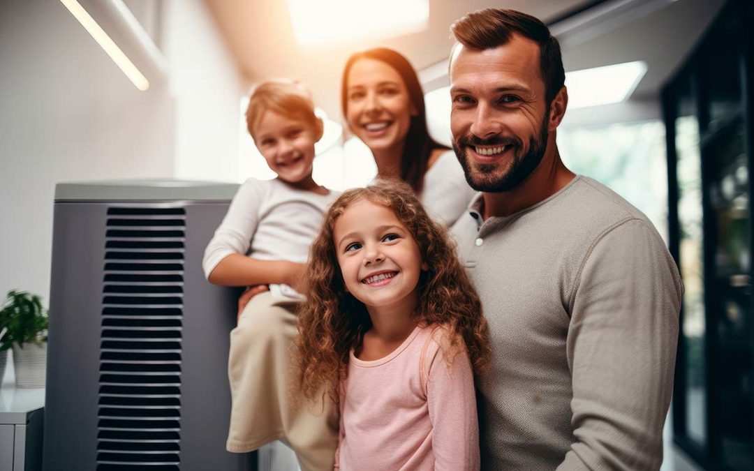 a family in front of HVAC system