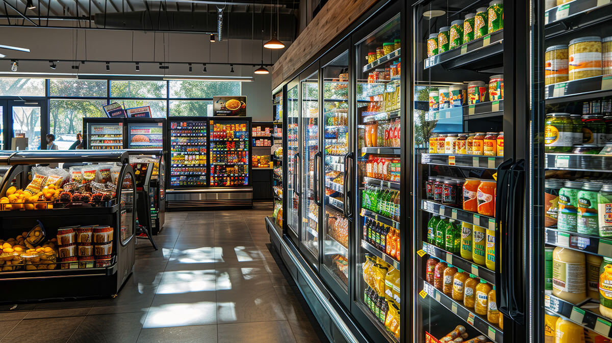 A well-lit grocery store aisle